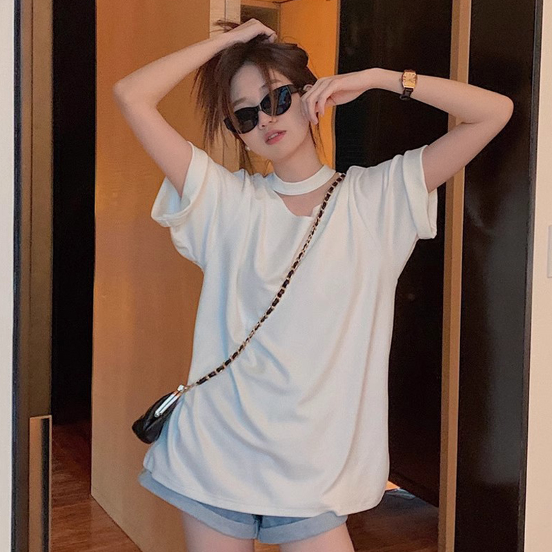 Korean chic halter neck hollow short-sleeved T-shirt for women, slim loose cotton half-sleeved casual Korean version niche design sense