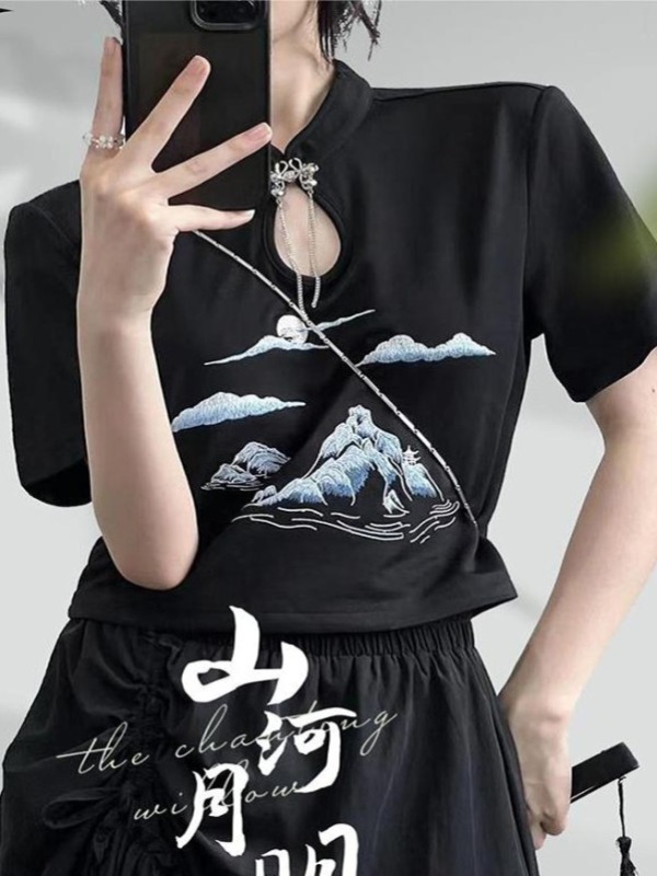 國風圓領t恤女短袖2025夏山夜月明刺繡女裝上衣