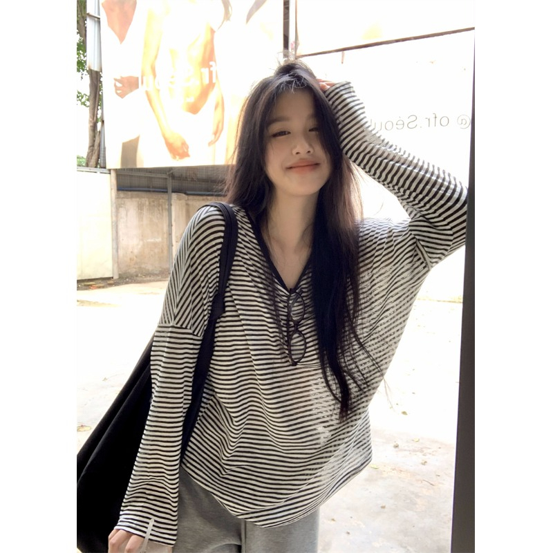 韓系條紋長袖T恤女夏季設計感小眾寬鬆露背慵懶風鬆弛感防曬上衣