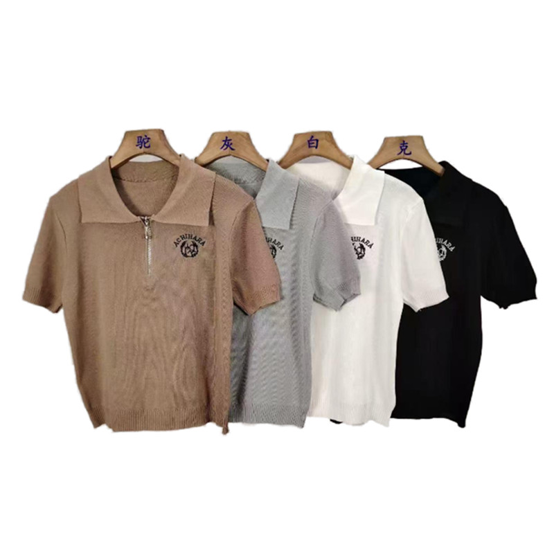 2025 summer new style design style stylish lapel half zipper embroidered versatile short-sleeved ice-cold silk knit top