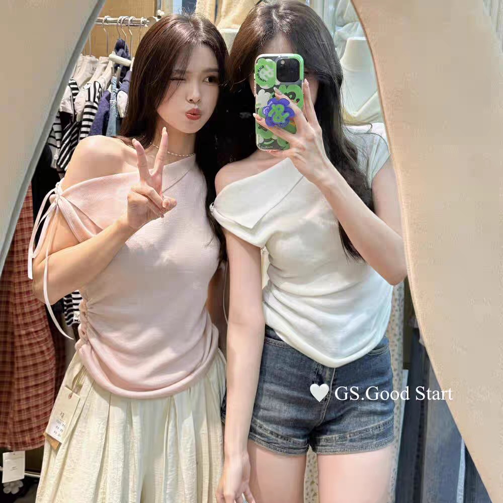 博薦氛圍感韓系簡約純欲感蝴蝶結斜肩上衣小衫