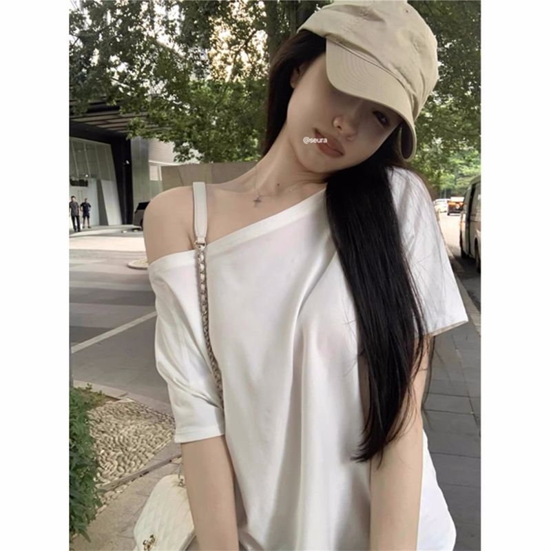 彩棉羅紋韓版簡約復古斜領短袖T恤慵懶風露肩顯瘦上衣