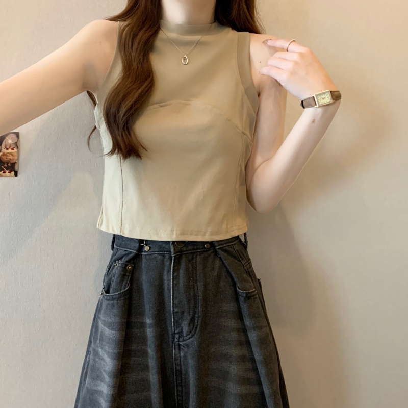 實拍  40支純棉 夏裝短款工字背心女無袖立領吊帶