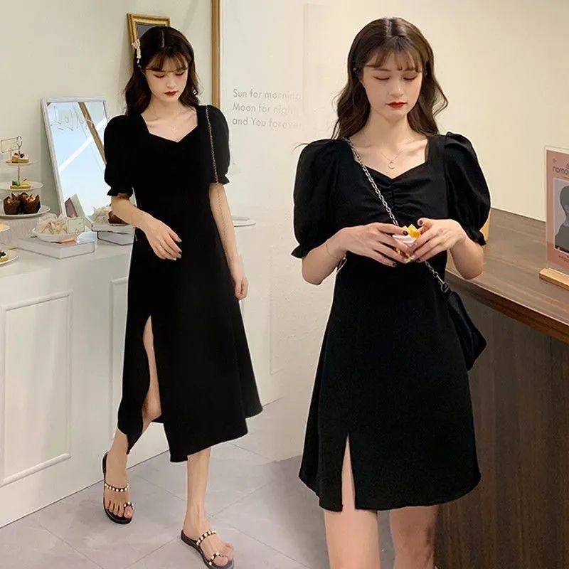 黑色泡泡袖連衣裙大碼女裝夏季新款V領氣質收腰顯瘦開叉裙子