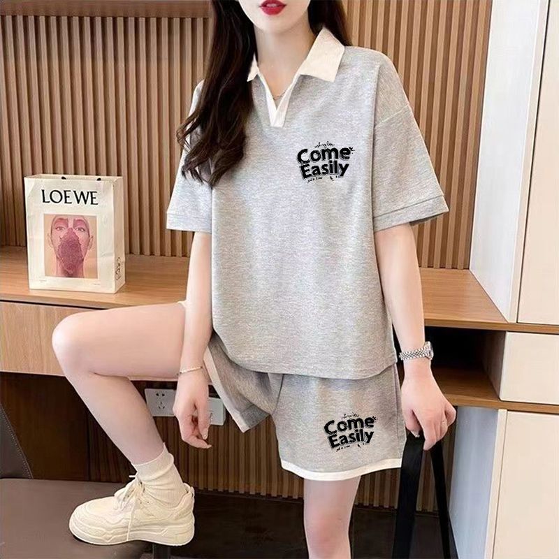 Real-life pure cotton 32 double yarn 230g summer new polo short-sleeved T-shirt shorts suit women's large size two-piece set