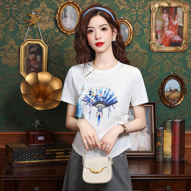 實拍夏季女裝套裝小個子2025新款新中式國盤扣收腰短袖T恤