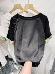 2025年春季新款撞色新中式提花改良T恤女國風盤扣中長款體恤上衣