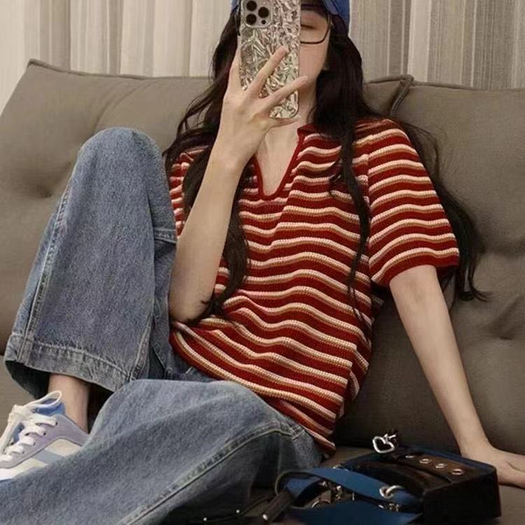 紅色條紋正肩短袖t恤女夏季新款設計感獨特别致短款polo上衣