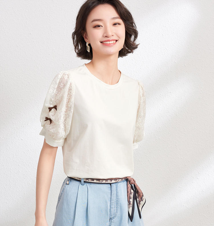 2025夏季新款設計感圓領拼接蝴蝶結短袖T恤女寬鬆棉質上衣