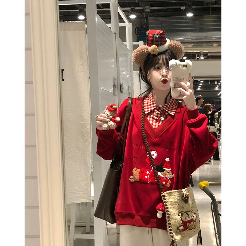 美式潮牌假兩件紅色新年衛衣女加絨加厚設計感秋冬季V領外套