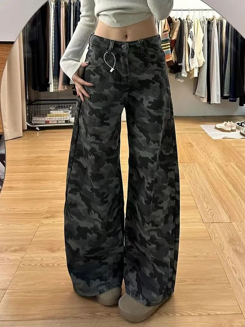 美式高街辣妹設計感迷彩工裝褲女高腰復古寬鬆闊腿牛仔褲拖地長褲