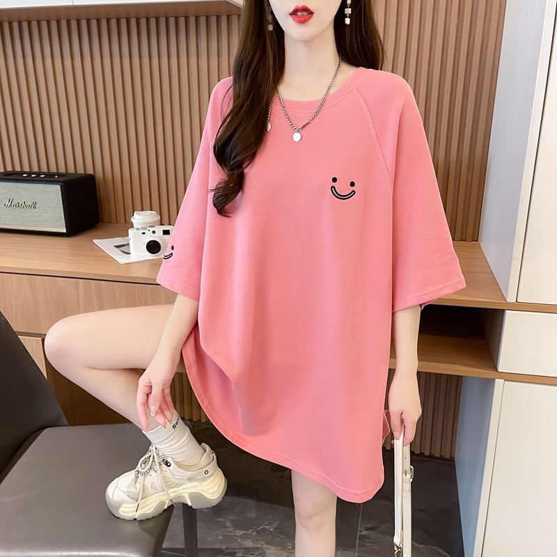 Real shot of 100% pure cotton rear collar rasp shoulder sleeve loose T-shirt for women niche embroidery design mid-length top