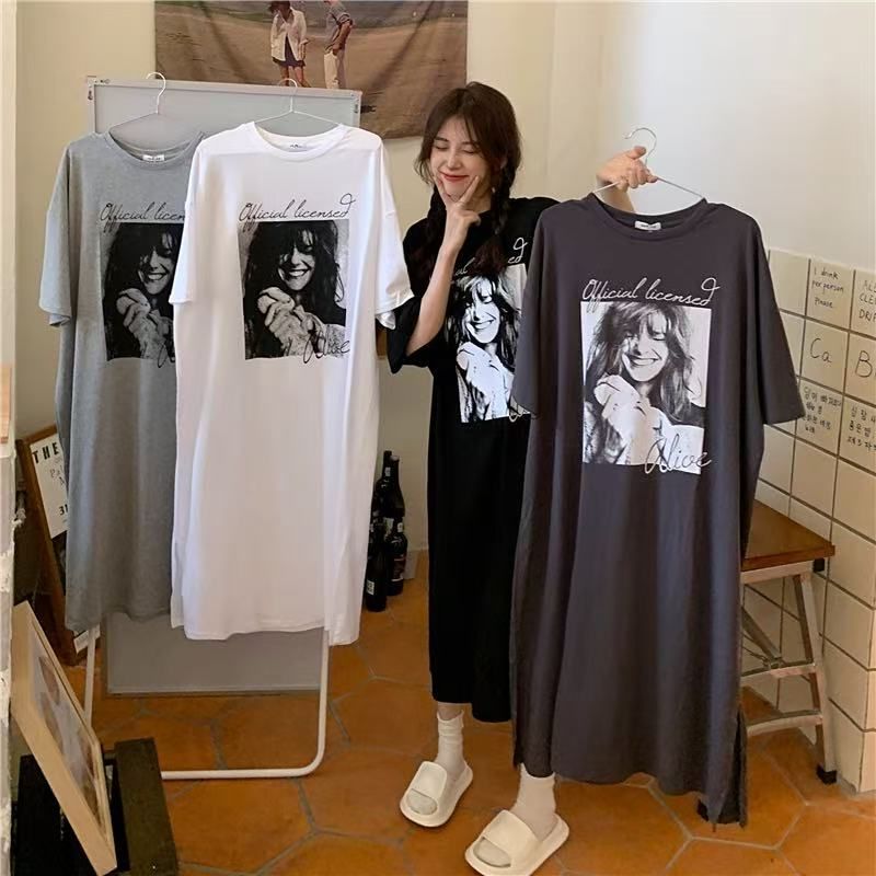 仿棉牛奶絲# 韓系夏季新款開叉印花T恤連衣裙女寬鬆顯瘦短袖裙子