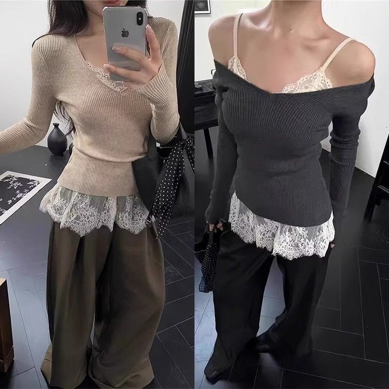 純欲風V領蕾絲邊下擺內搭女2025年春氛圍感春秋吊帶背心網紗上衣