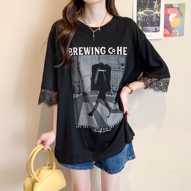 First release 100% pure cotton/back collar This year's popular lace spliced ​​short-sleeved T-shirt women's loose top
