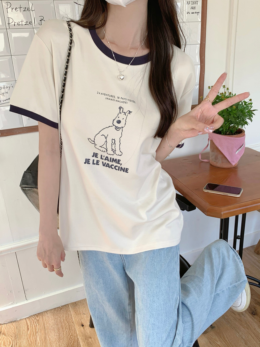 Real shot of air layer round neck contrasting short-sleeved T-shirt for women's summer Korean loose base shirt half-sleeved top shirt