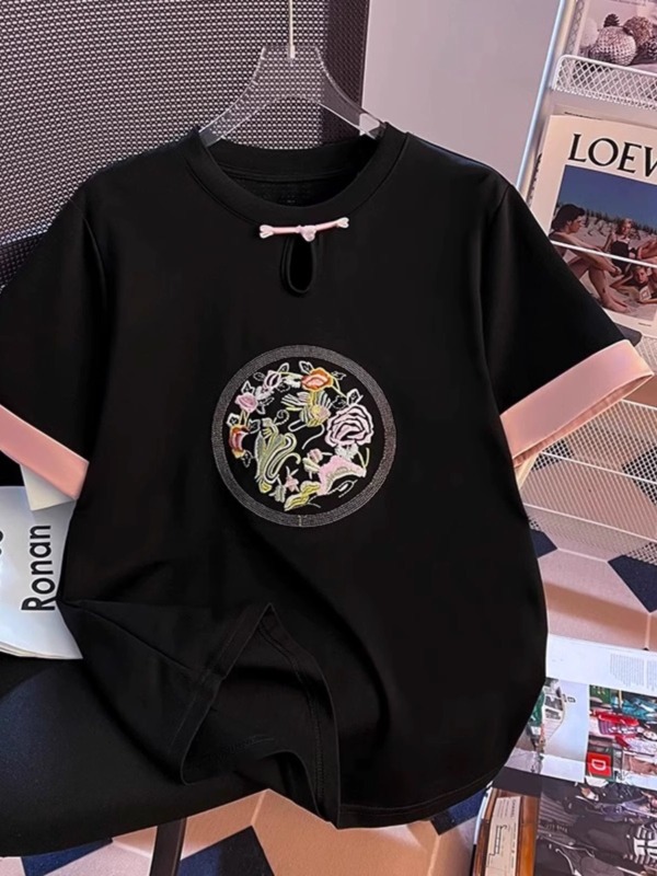 日常穿搭國風T恤重工刺繡軟彈休閒短袖2025年新款上衣春夏