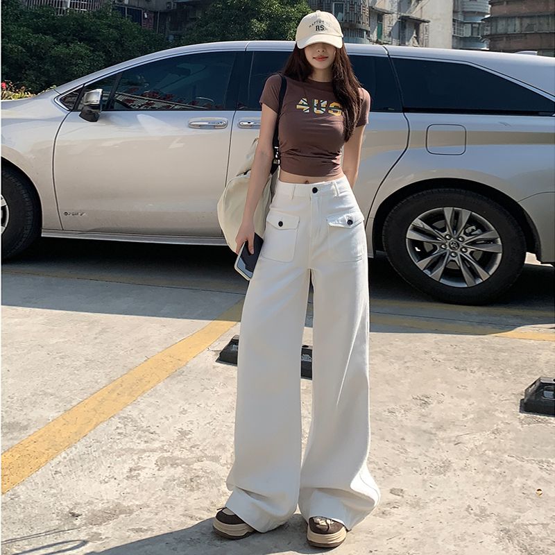 Real shot of 2025 spring flip pocket design loose casual pants straight wide-leg jeans