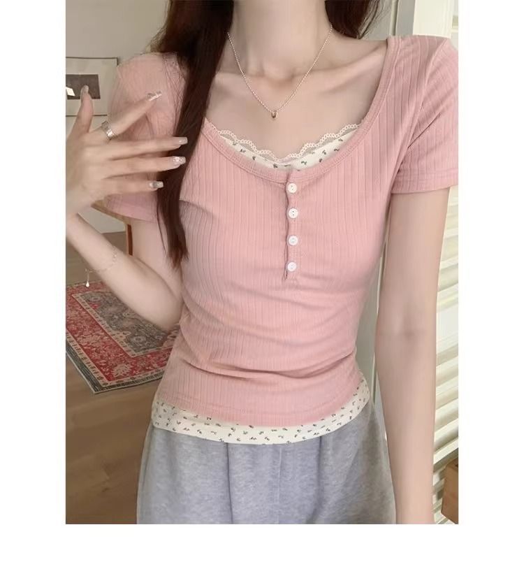 假兩件花邊短袖t恤女夏季設計感修身顯瘦甜辣妹短款修身上衣