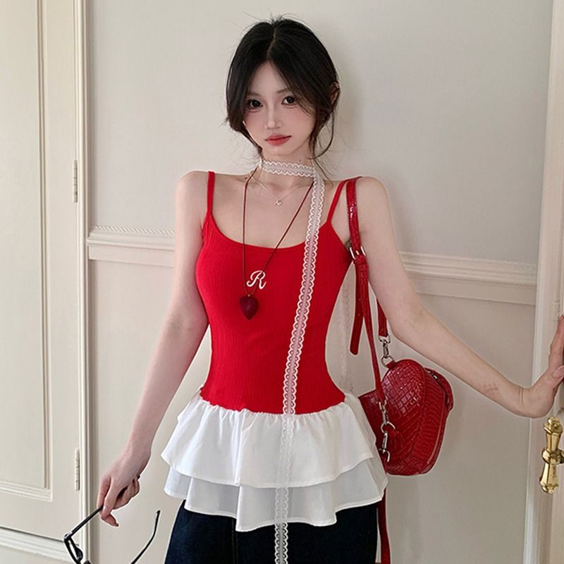 原版品質芭蕾風紅色吊帶小背心女夏季花邊內搭短款甜辣妹上衣