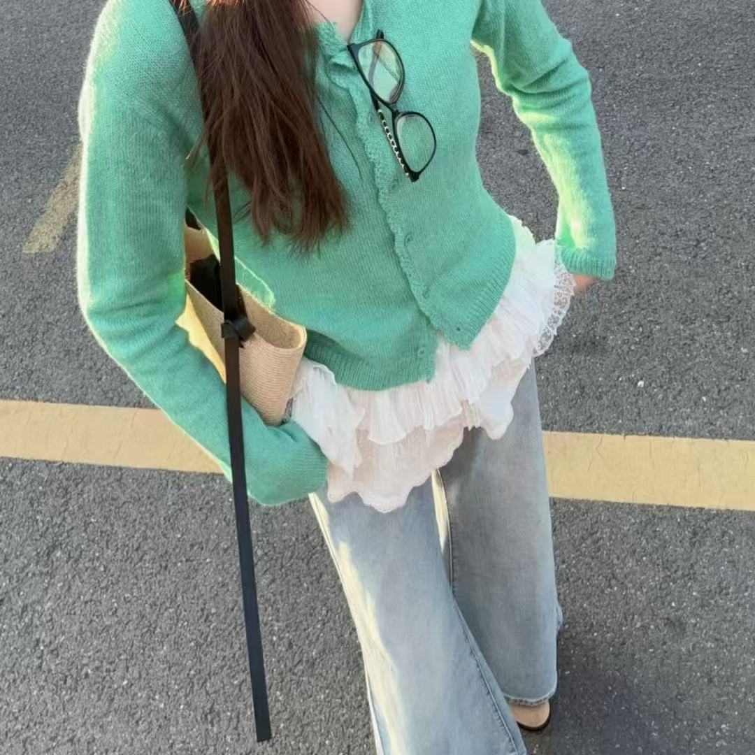 韓系花邊圓領針織開衫外套2025春季新款女裝寬鬆顯瘦設計感上衣潮