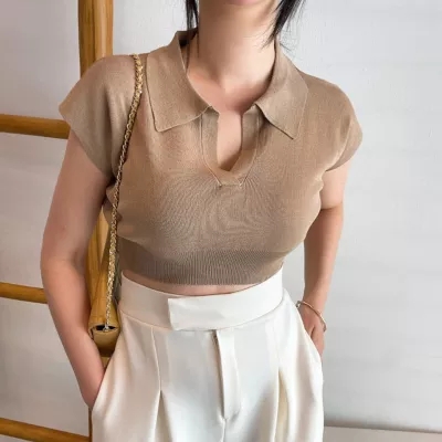 韓國chic夏季簡約翻領修身顯瘦休閒百搭短款漏肚臍針織衫T恤女