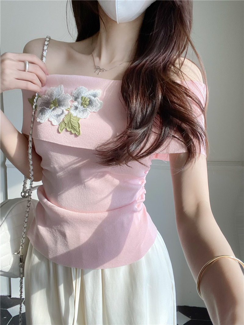 Real shot of new Chinese style beauty one-shoulder knitted short-sleeved T-shirt for women with pleated waist-hugging slimming top