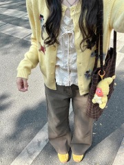 美式黃色針織開衫女秋冬小狗刺繡學院風毛衣外套寬鬆多巴胺上衣潮