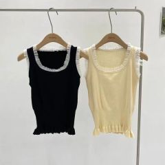 天貓質量法式拼接蕾絲花邊針織吊帶小背心女夏季甜辣短款上衣