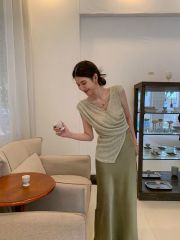 Vintage-style modern Chinese cross-irregular knitting women's summer new design sense slimming V-neck small shirt top