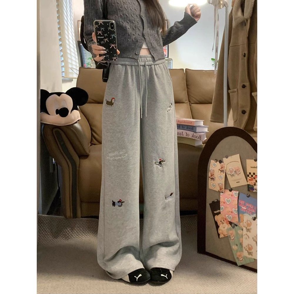 韓版卡通臘腸狗刺繡減齡可愛時尚2025年春季新款直筒休閒褲辣妹