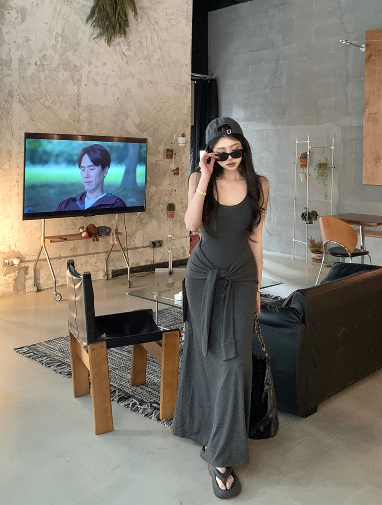 Real shot~Fake two-piece waist-bound design vest skirt for women summer layered waist and belly curling skirt long dress