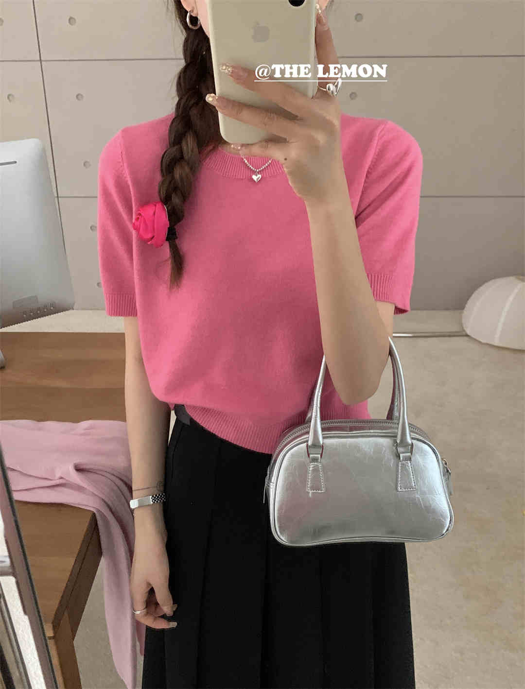 THE LEMON Lemon Green Tea Korean style short-sleeved one-piece shirt blouse round neck solid color literary knit top