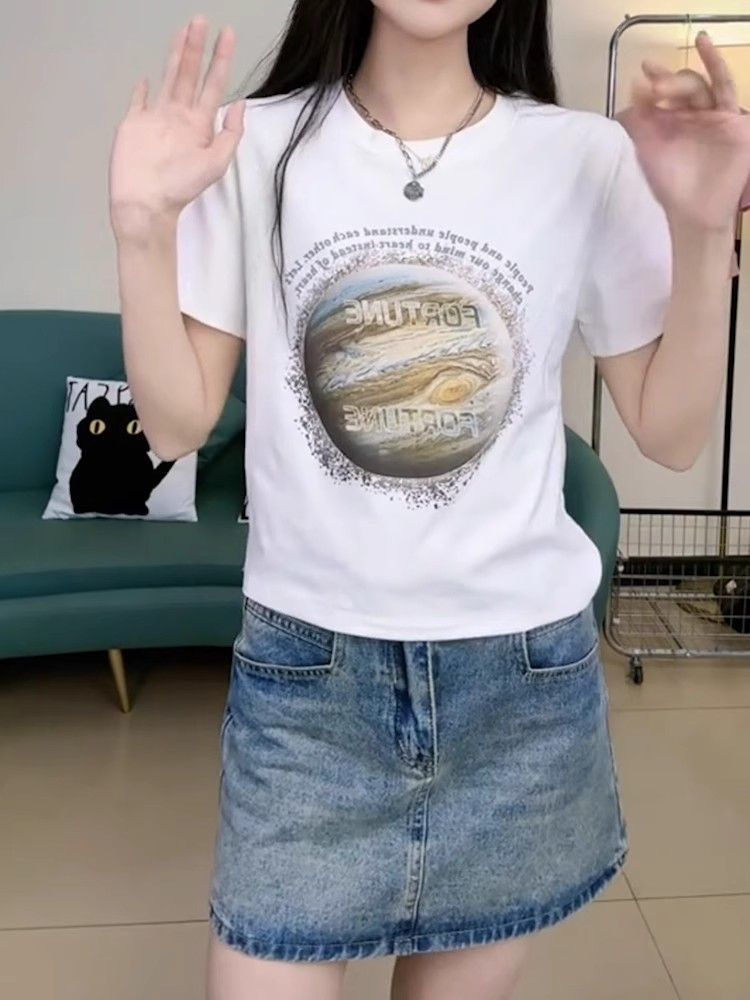 Short printed cute short-sleeved T-shirt for women's summer round neck top
