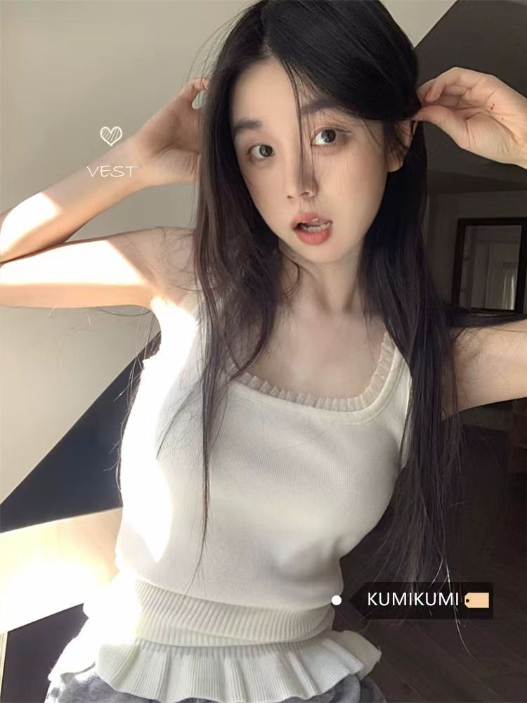 Tmall quality French spliced ​​lace knitted suspender vest for women's summer sweet and spicy short top