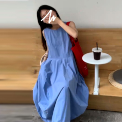茶歇法式藍色無袖背心連衣裙子女2025夏季新款小眾設計感氣質長裙