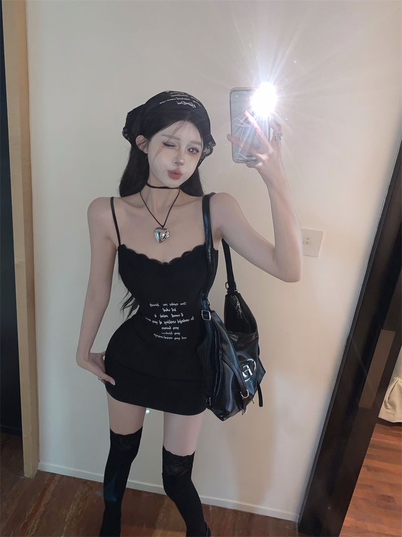 Rib letter printed suspender dress feminine pure short skirt