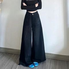 復古黑灰色毛邊大闊腿牛仔褲女設計感高腰寬鬆顯瘦直筒拖地長褲潮