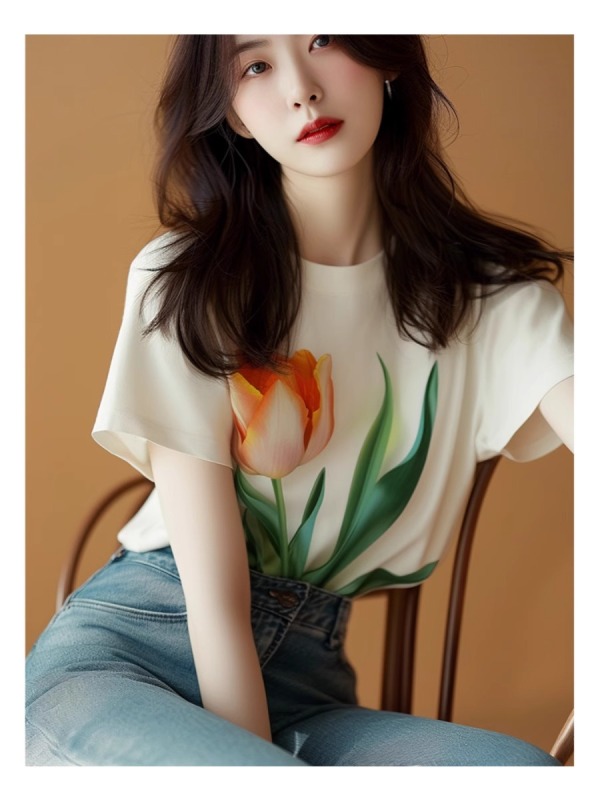 白色鬱金香短袖t恤女2025新款高端上衣奢華正肩顯瘦寬鬆體恤