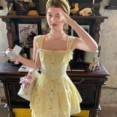 Rainbow polka dot spaghetti strap dress, petite sweet A-line skirt, yellow sleeveless cake dress, dopamine for women