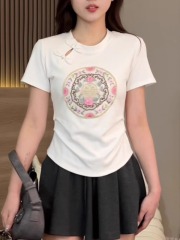 國風新中式盤扣刺繡收腰短袖T恤女夏季2025年新款修身顯瘦上衣潮