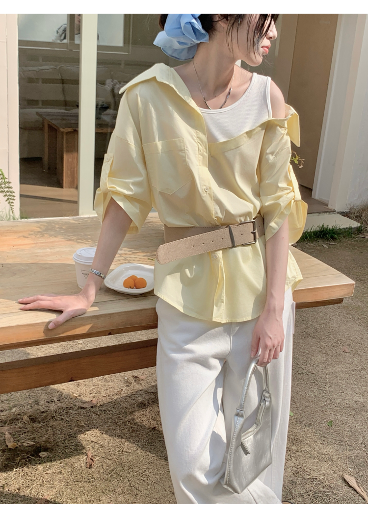 Real shot of sexy off-shoulder fake two-piece spliced ​​loose shirt for women's design niche versatile irregular shirt
