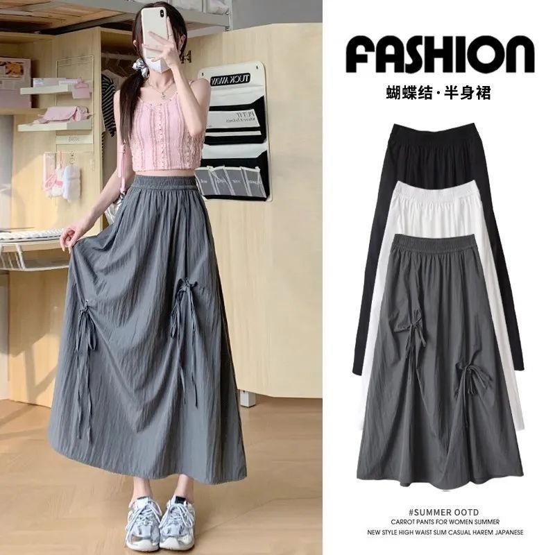 Summer design bow skirt for women 2025 new small person loose and slim high waist mid-length long skirt
