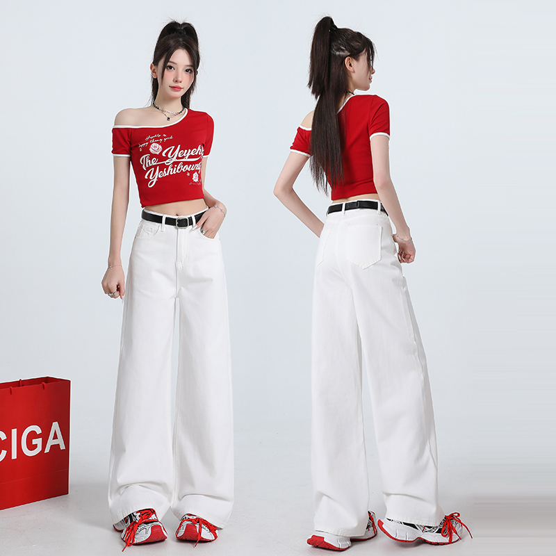 Real photo~ American high street white wide-leg jeans for women simple Maillard casual loose lazy floor pants ins