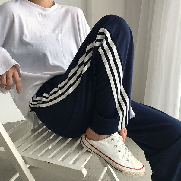 條紋休閒運動褲子女ins潮春秋薄款顯瘦百搭闊腿褲小個子直筒長褲
