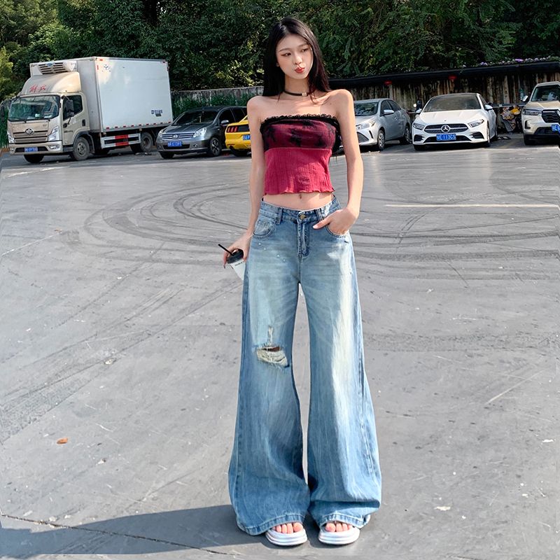 Real shot of 2025 spring fashion trend casual pants for women high waist drooping wide-leg pants