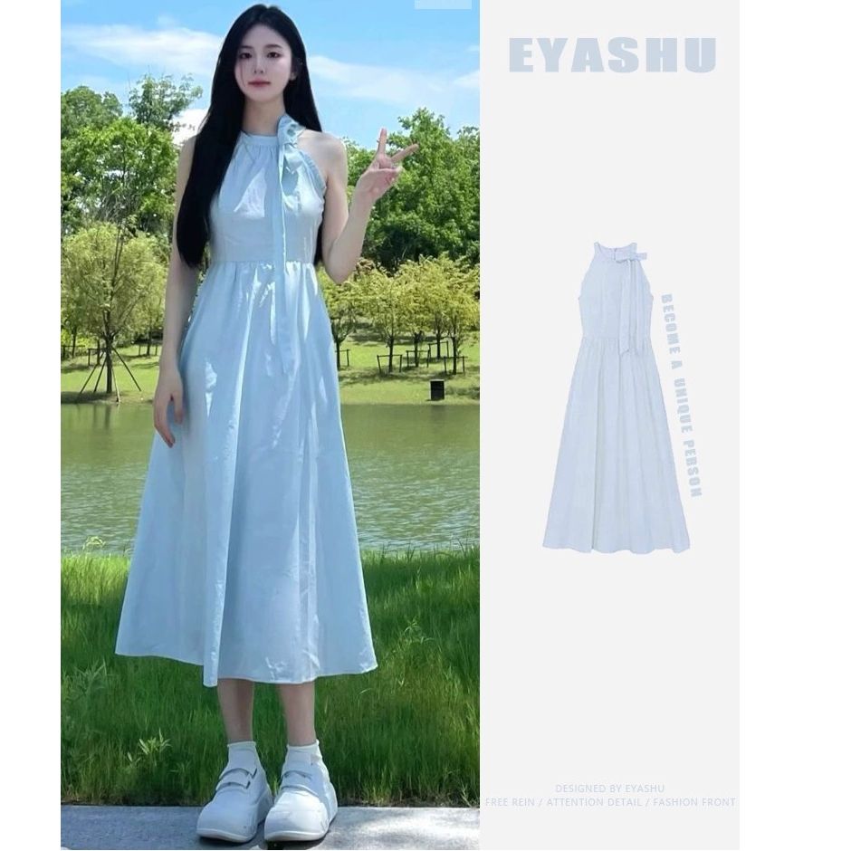 連衣裙女2025春夏新款法式奶甜溫柔藍色無袖掛脖長裙子設計感小眾