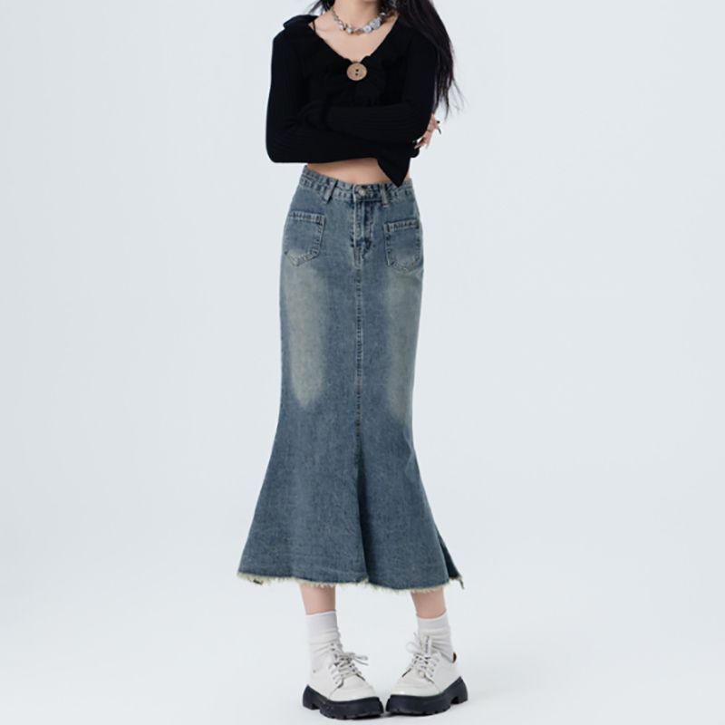 Denim skirt skirt for women in spring and summer new style slimming hip-covering skirt with high waist temperament versatile fishtail denim skirt
