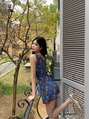 Real shot~ Vacation style blue floral V-neck 2025 spring sleeveless suspender dress waist-hugging and slimming skirt