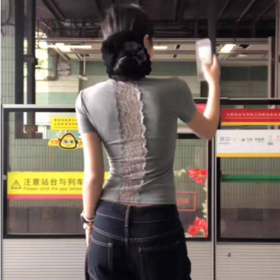 莫代爾 260 純欲背後鏤空蕾絲拼接修身顯瘦短袖t恤女